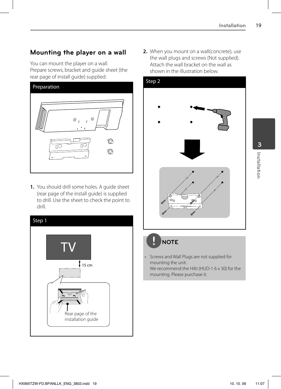 Mounting the player on a wall | LG HX995TZW User Manual | Page 19 / 98