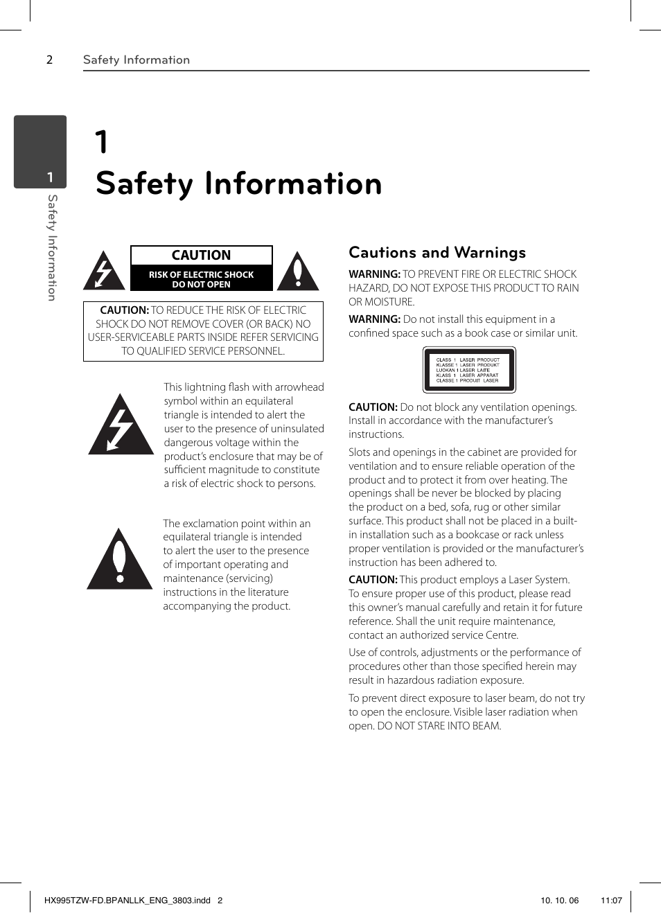 1 safety information, Cautions and warnings | LG HX995TZW User Manual | Page 2 / 98