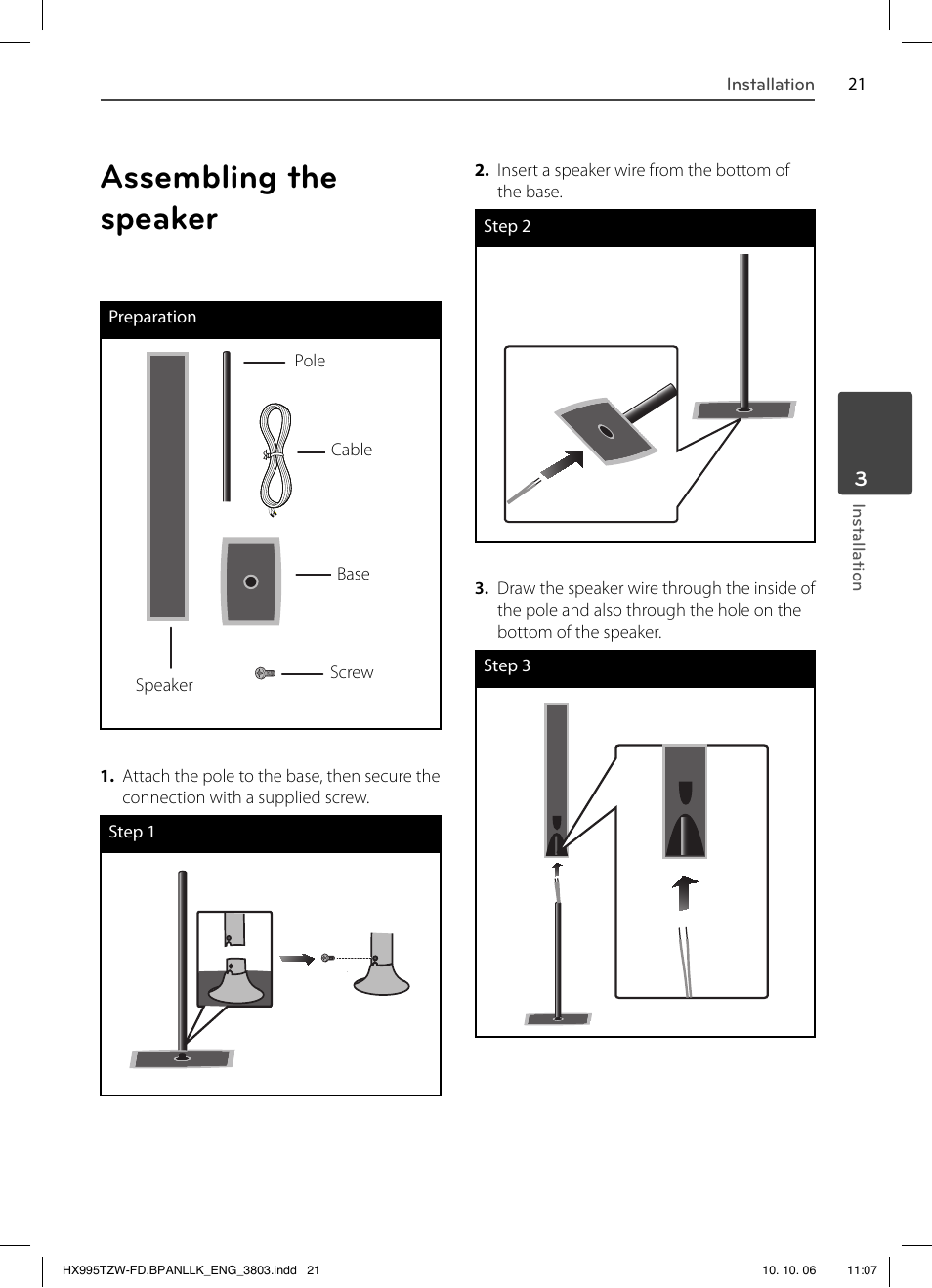 Assembling the speaker, Speaker pole base screw cable | LG HX995TZW User Manual | Page 21 / 98