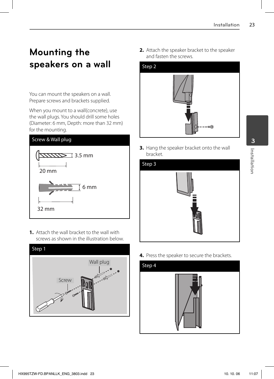 Mounting the speakers on a wall | LG HX995TZW User Manual | Page 23 / 98