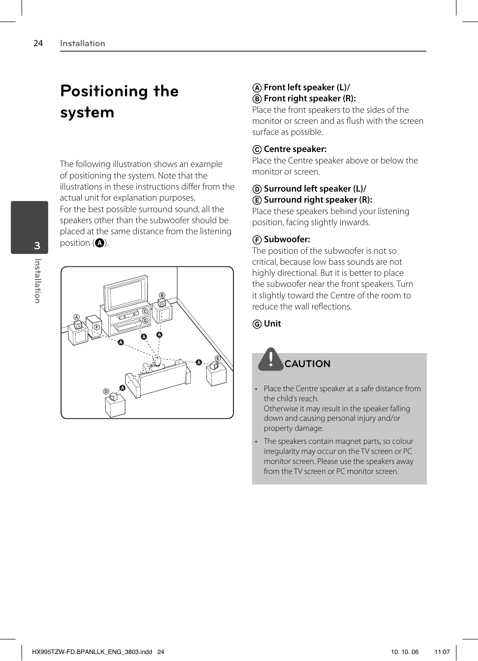 Positioning the system, Caution | LG HX995TZW User Manual | Page 24 / 98