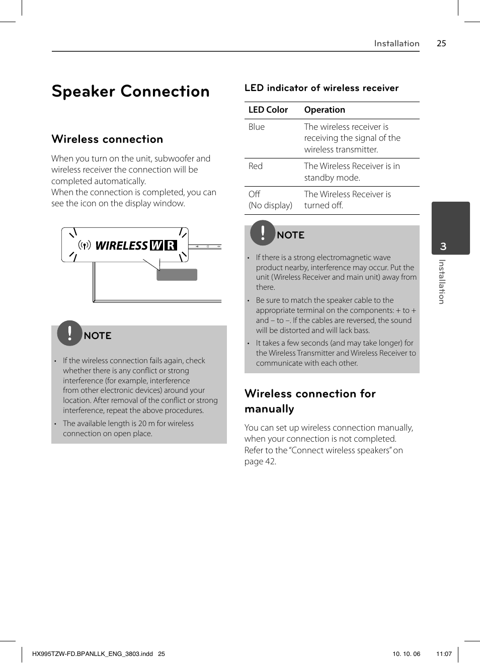 Speaker connection, Wireless connection, Wireless connection for manually | LG HX995TZW User Manual | Page 25 / 98