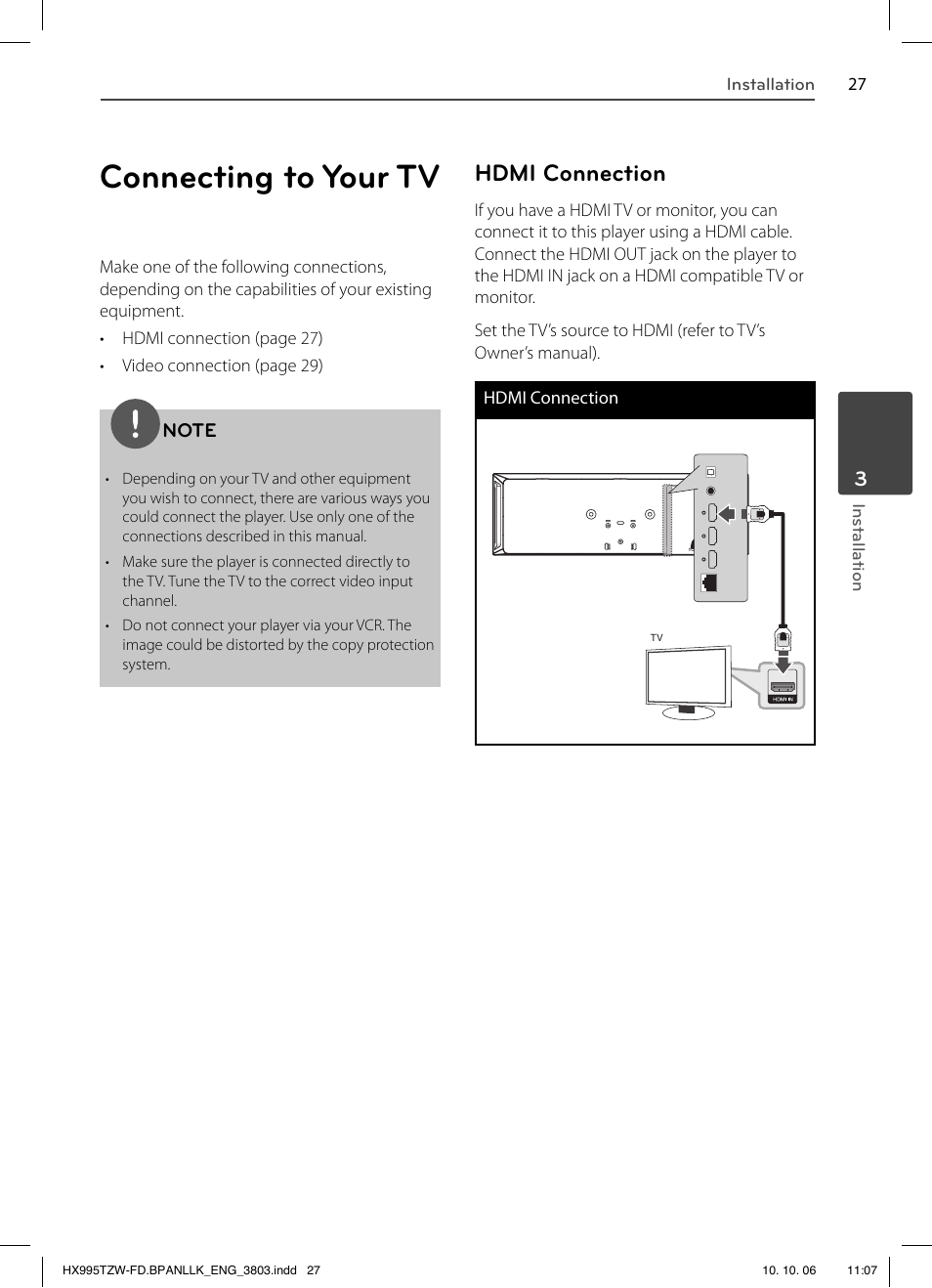 Connecting to your tv, Hdmi connection | LG HX995TZW User Manual | Page 27 / 98