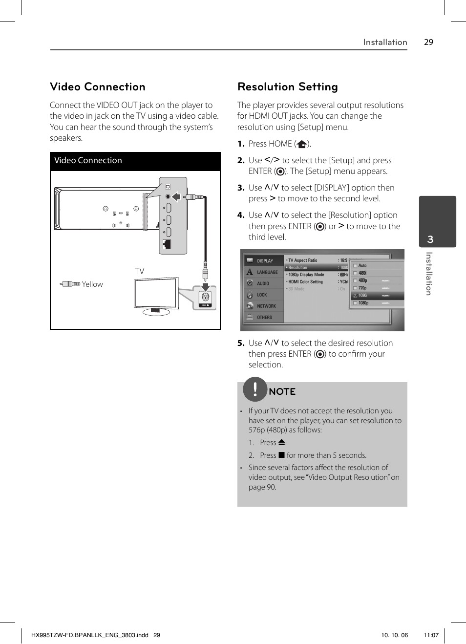 Video connection, Resolution setting | LG HX995TZW User Manual | Page 29 / 98