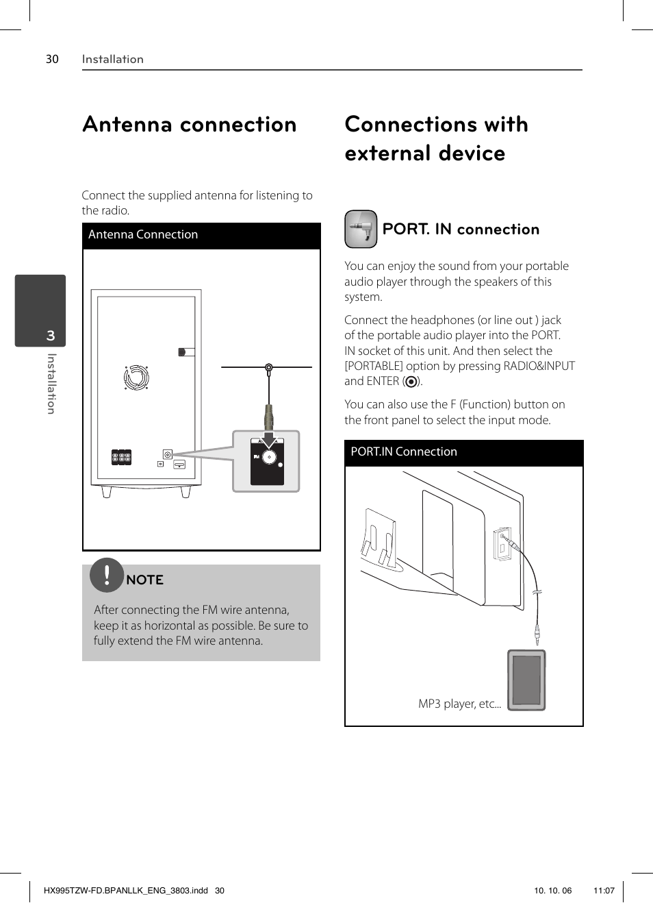 Antenna connection, Connections with external device, Port. in connection | LG HX995TZW User Manual | Page 30 / 98