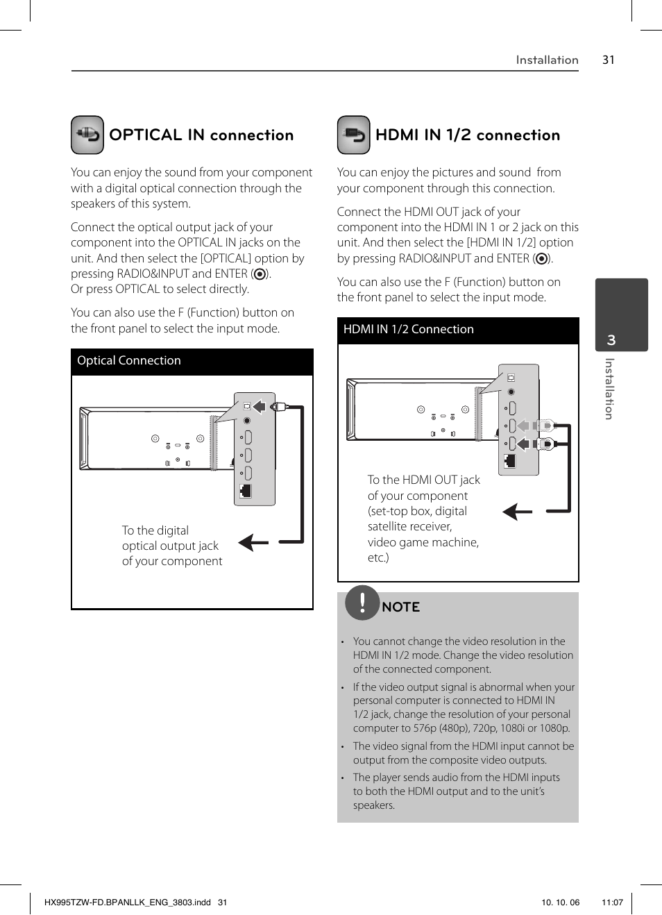 Optical in connection, Hdmi in 1/2 connection | LG HX995TZW User Manual | Page 31 / 98