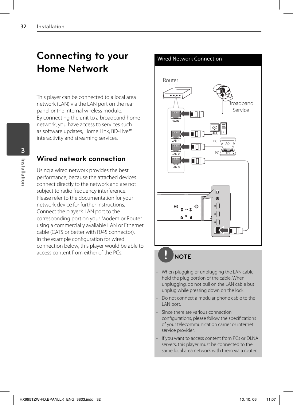 Connecting to your home network, Wired network connection | LG HX995TZW User Manual | Page 32 / 98