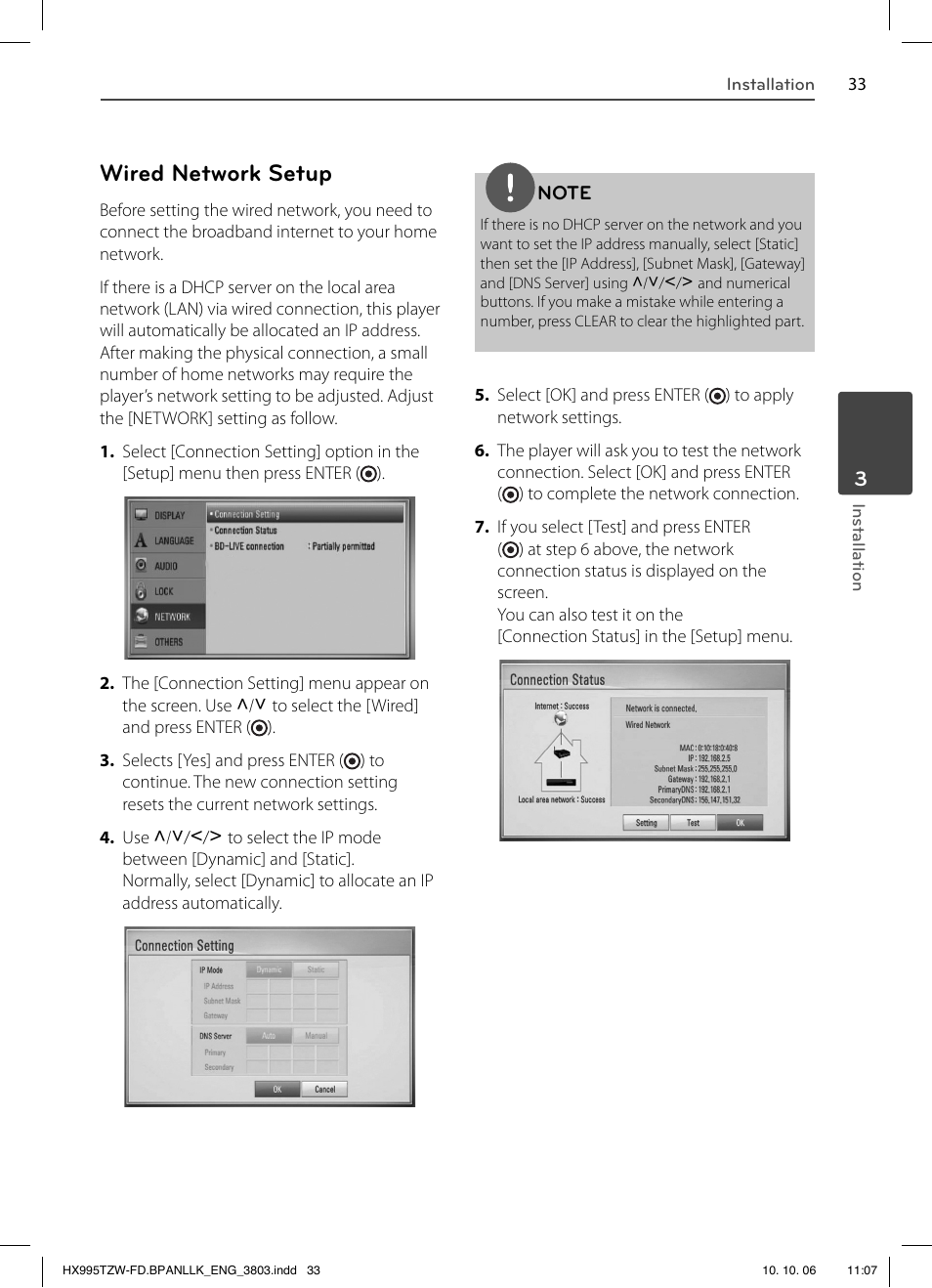 Wired network setup | LG HX995TZW User Manual | Page 33 / 98