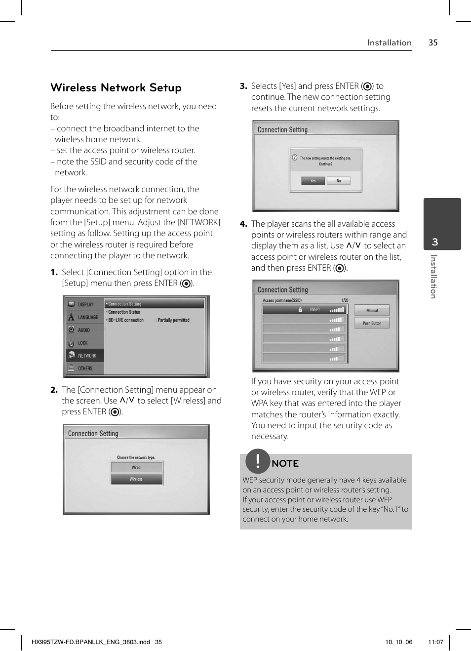 Wireless network setup | LG HX995TZW User Manual | Page 35 / 98