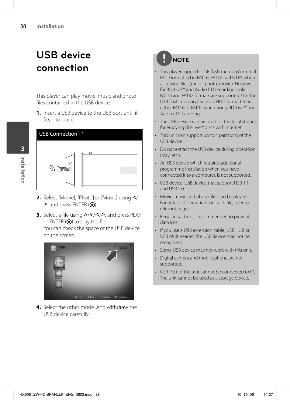 Usb device connection | LG HX995TZW User Manual | Page 38 / 98