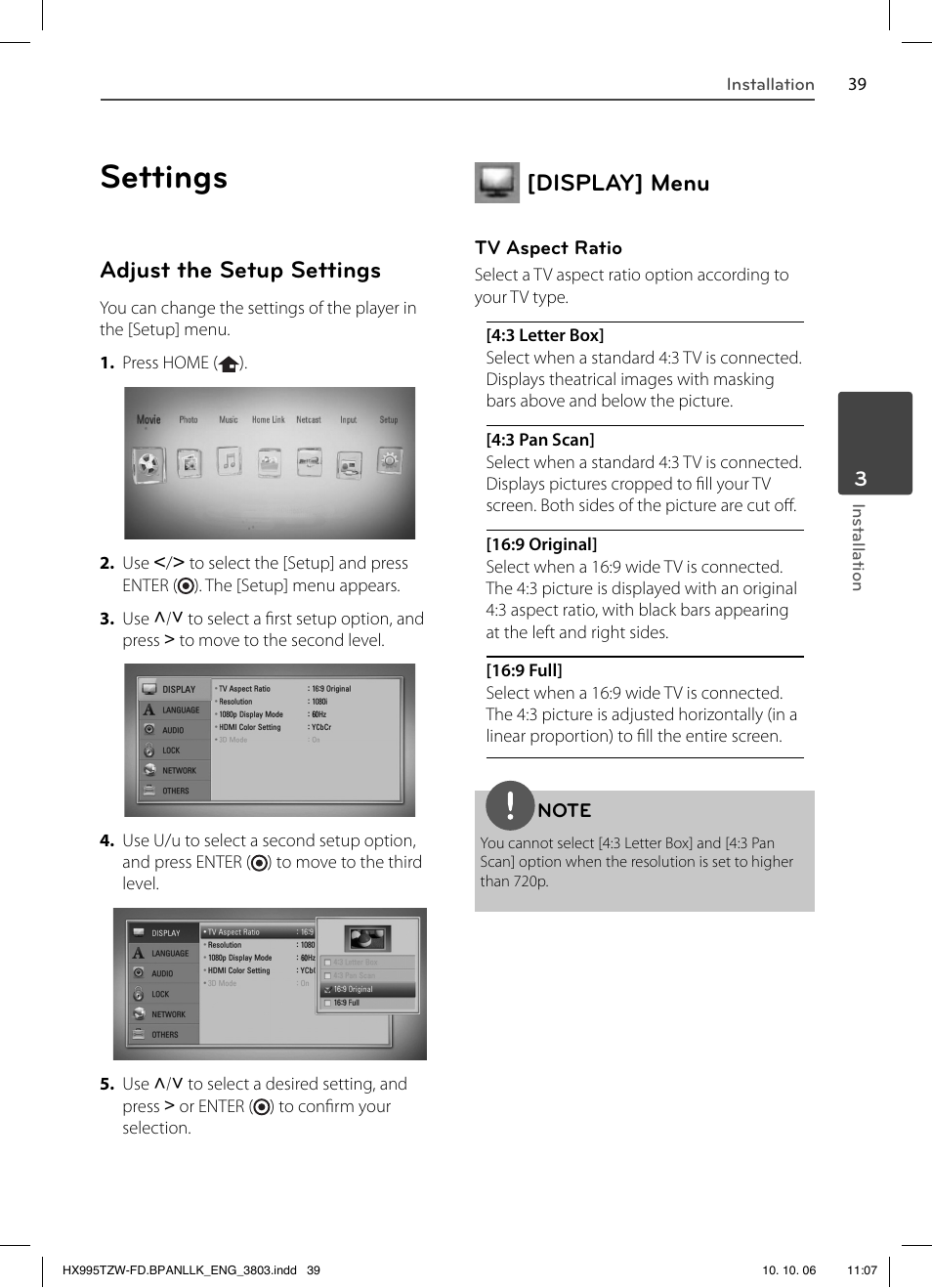 Settings, Adjust the setup settings, Display] menu | LG HX995TZW User Manual | Page 39 / 98