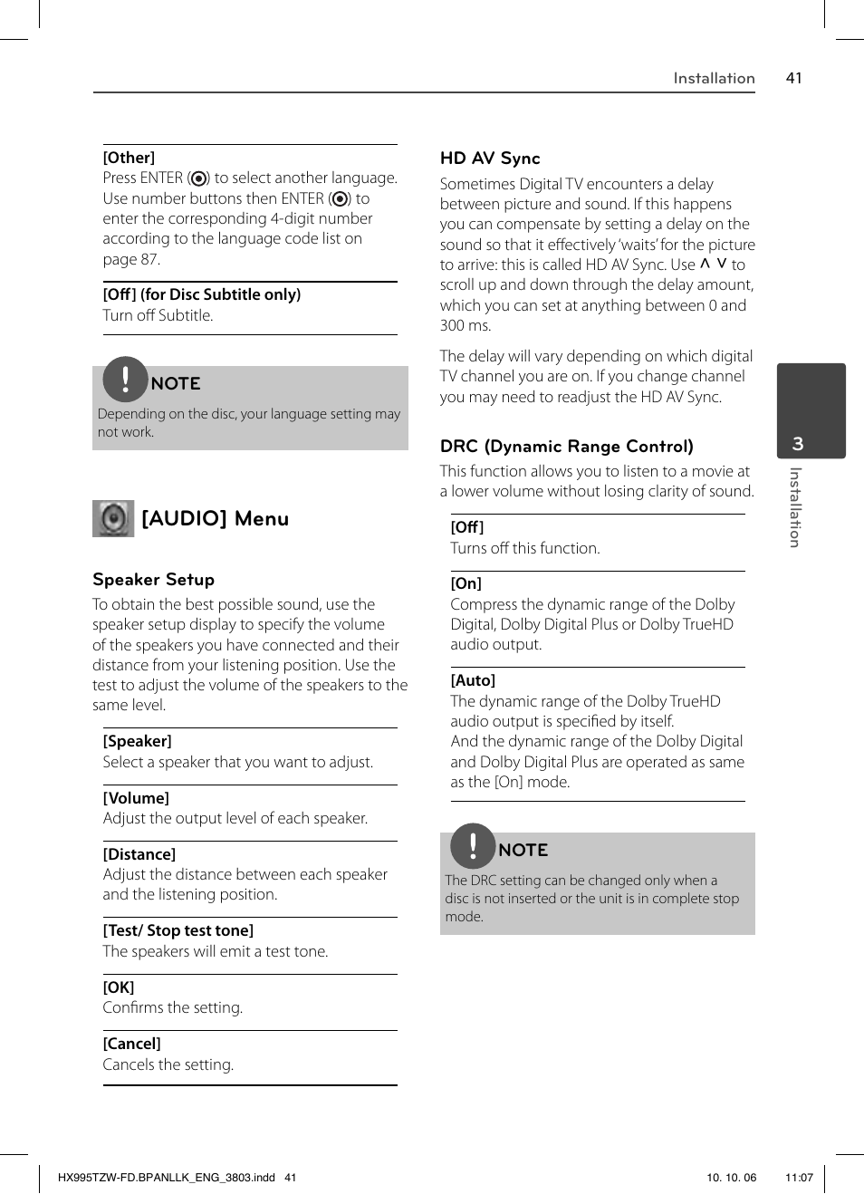 Audio] menu | LG HX995TZW User Manual | Page 41 / 98