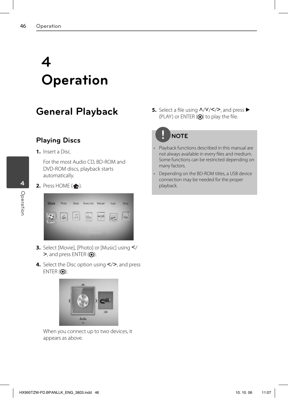 4 operation, General playback, Playing discs | LG HX995TZW User Manual | Page 46 / 98