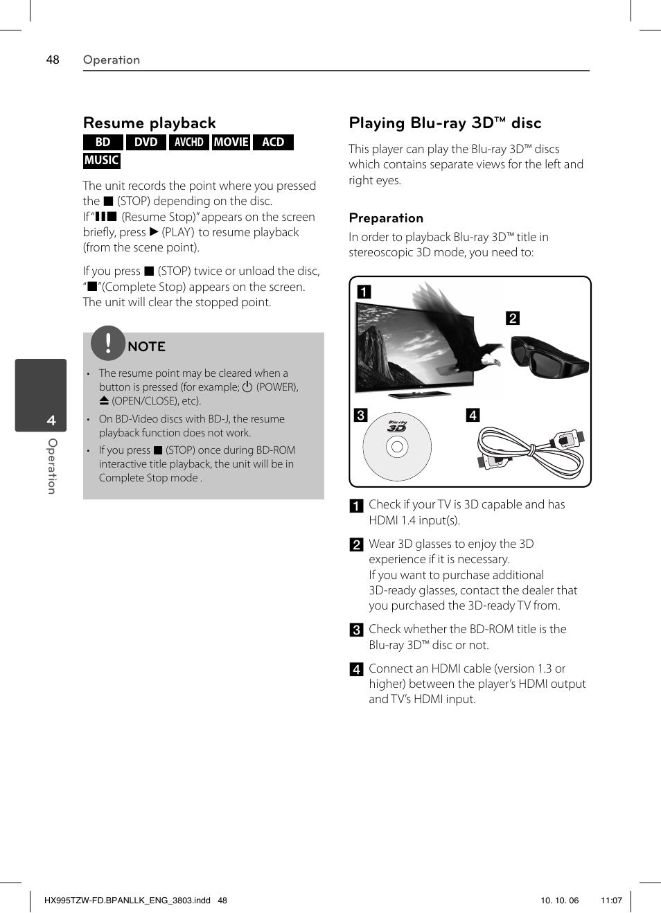 Resume playback, Playing blu-ray 3d™ disc | LG HX995TZW User Manual | Page 48 / 98