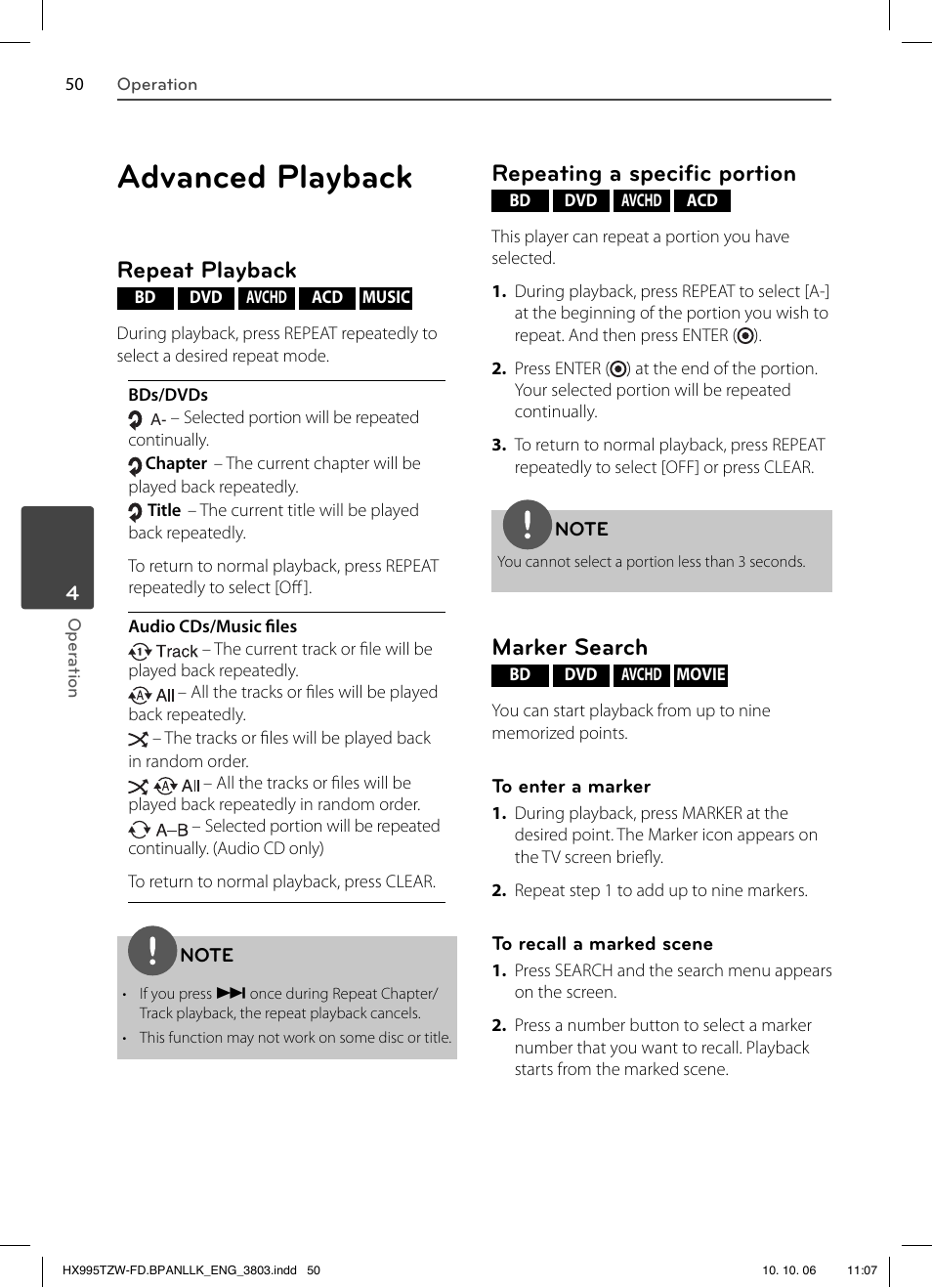 Advanced playback, Repeat playback, Repeating a specifi c portion | Marker search | LG HX995TZW User Manual | Page 50 / 98