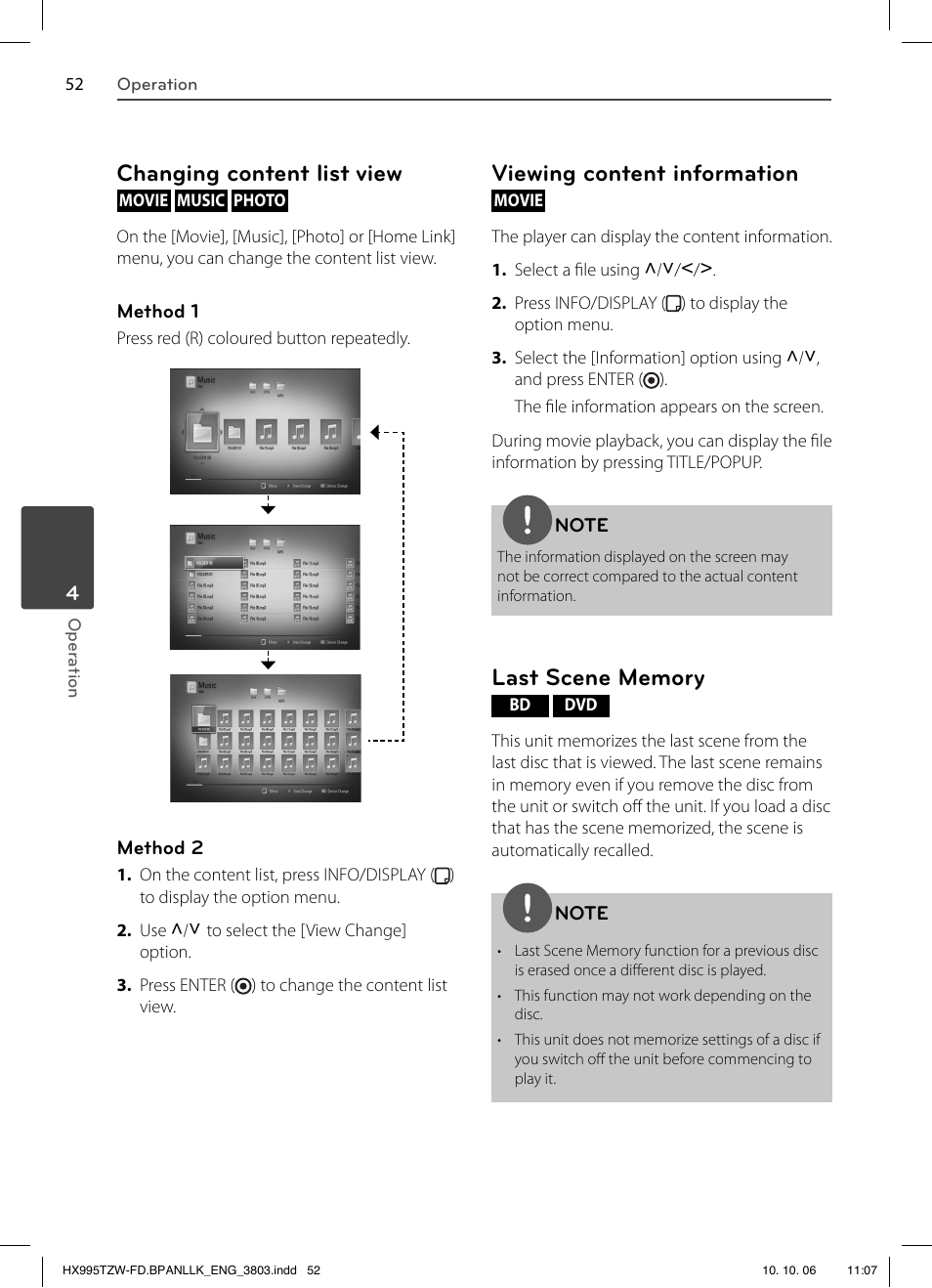 Changing content list view, Viewing content information | LG HX995TZW User Manual | Page 52 / 98