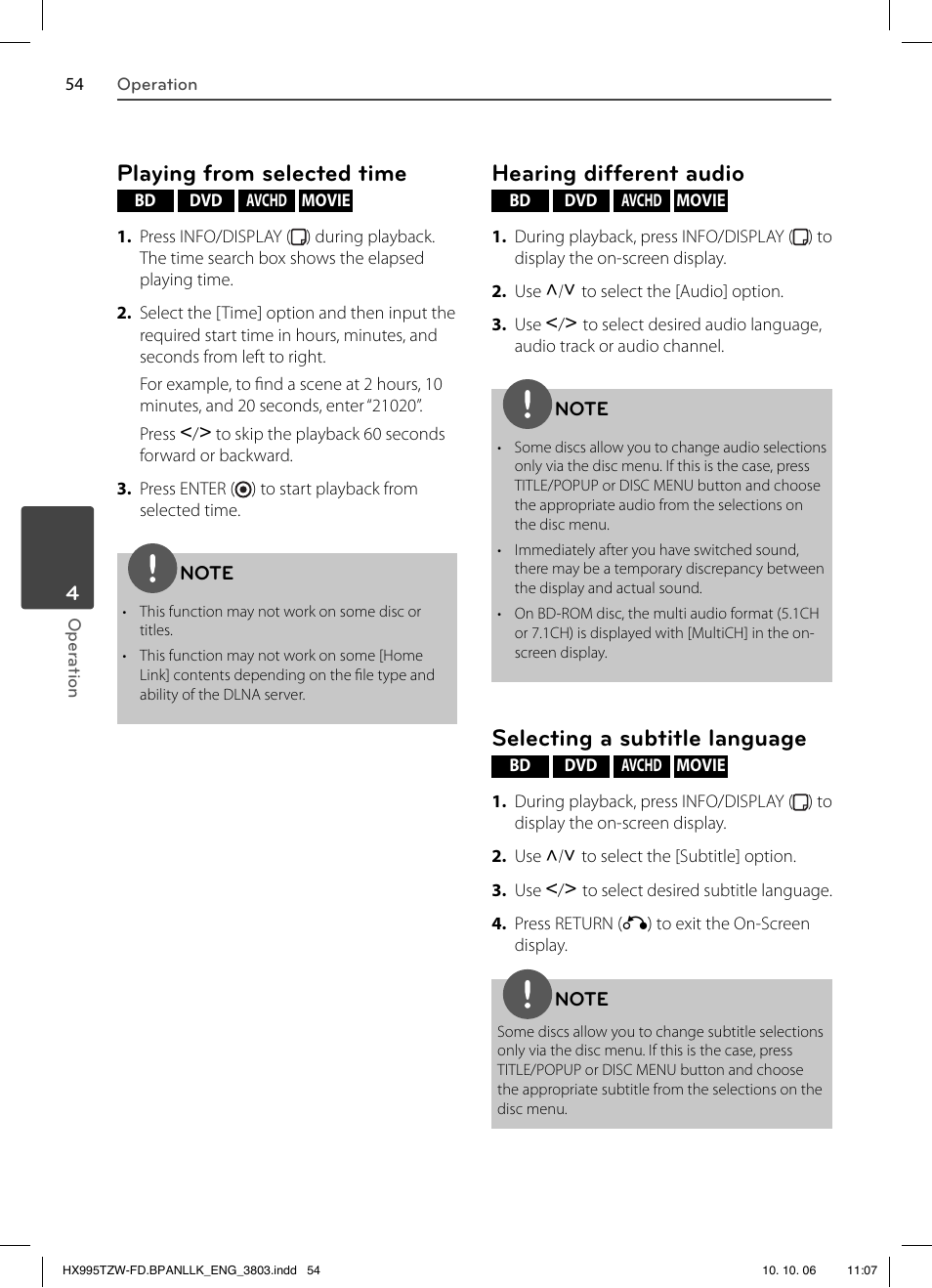 Playing from selected time, Hearing different audio, Selecting a subtitle language | LG HX995TZW User Manual | Page 54 / 98