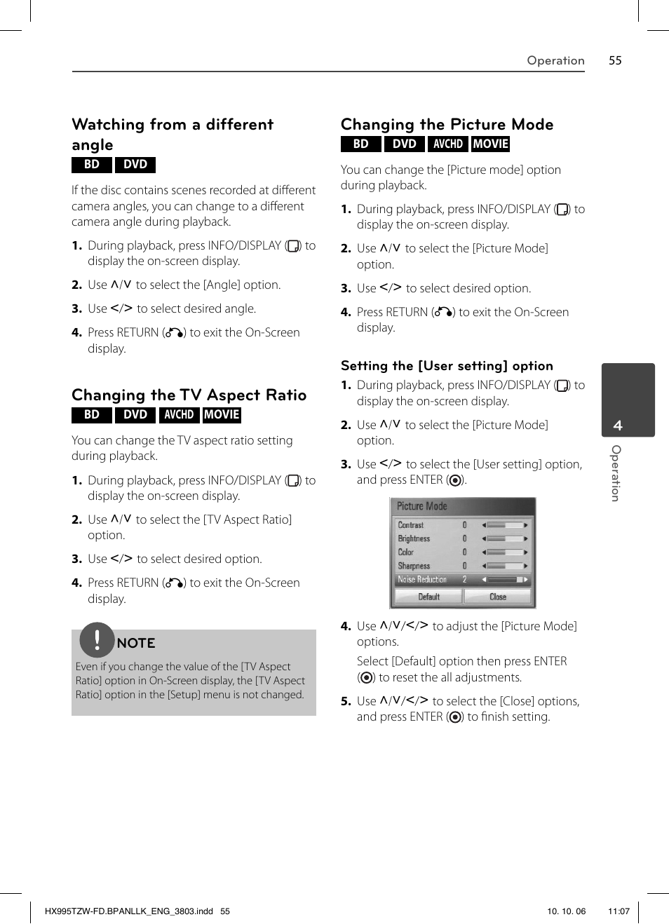 Watching from a different angle, Changing the tv aspect ratio, Changing the picture mode | LG HX995TZW User Manual | Page 55 / 98