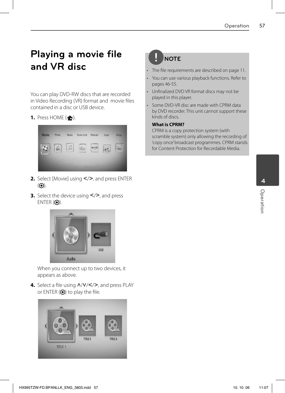 Playing a movie fi le and vr disc | LG HX995TZW User Manual | Page 57 / 98