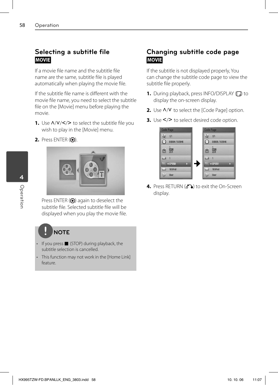 Selecting a subtitle fi le, Changing subtitle code page | LG HX995TZW User Manual | Page 58 / 98