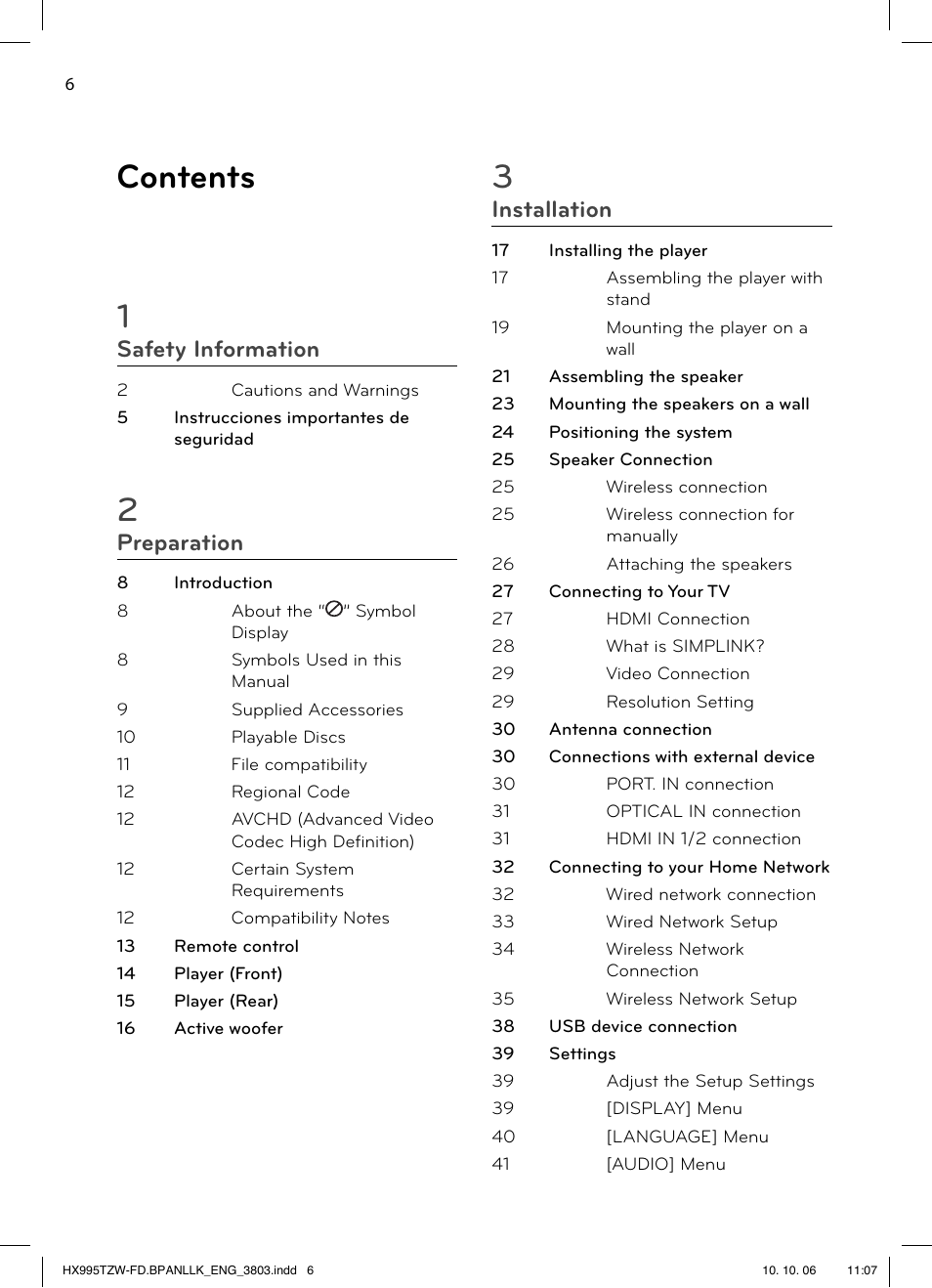 Contents 1, Safety information, Preparation | Installation | LG HX995TZW User Manual | Page 6 / 98