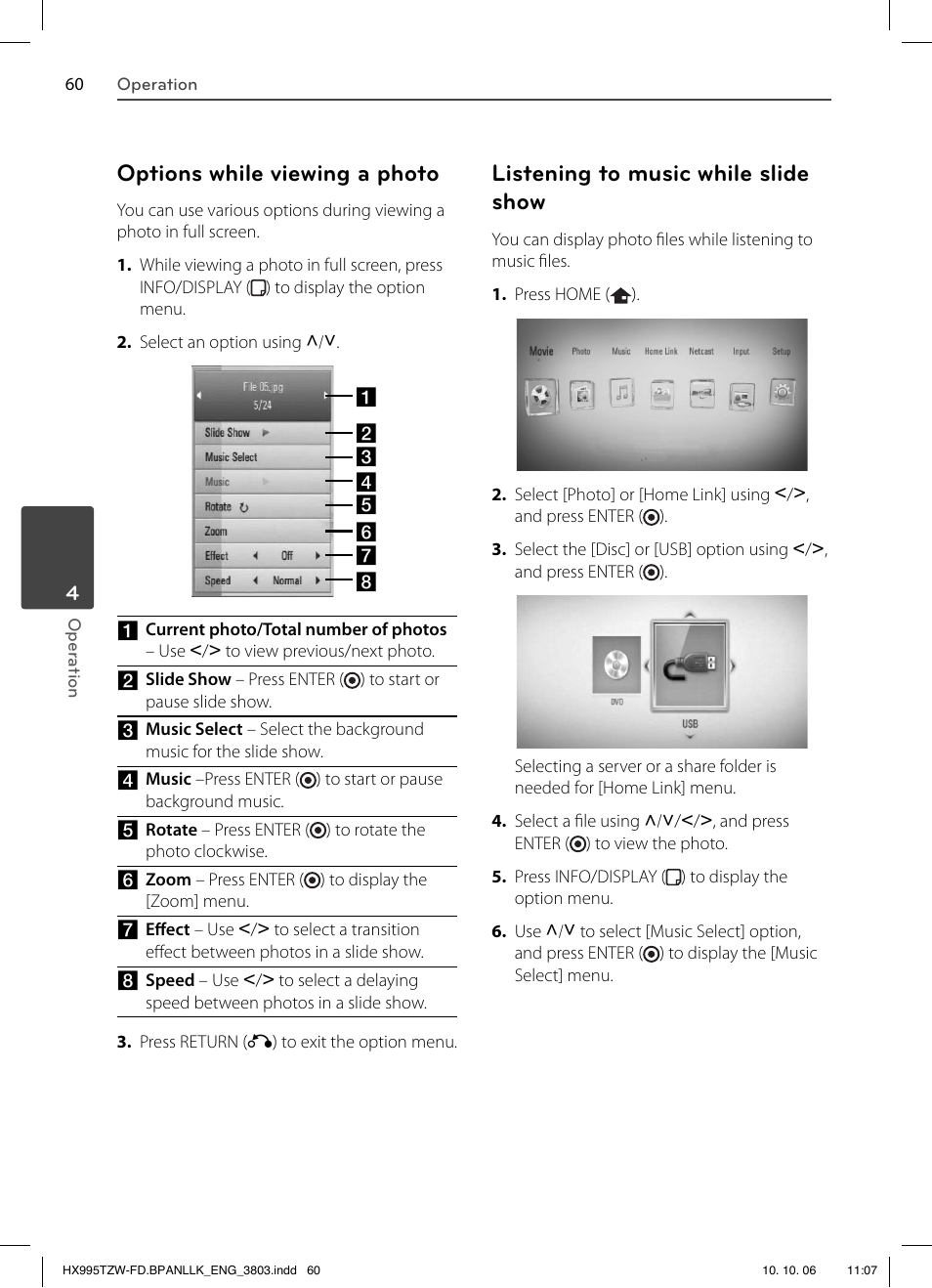 Options while viewing a photo, Listening to music while slide show | LG HX995TZW User Manual | Page 60 / 98