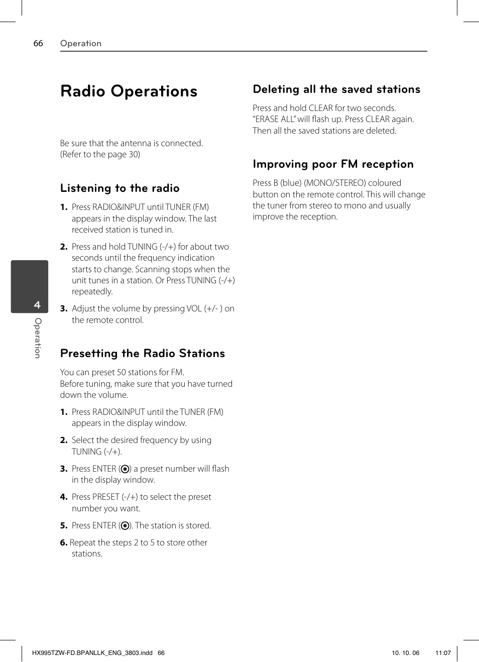 Radio operations, Listening to the radio, Presetting the radio stations | Deleting all the saved stations, Improving poor fm reception | LG HX995TZW User Manual | Page 66 / 98