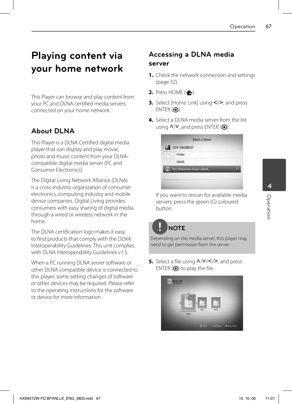 Playing content via your home network, About dlna, Accessing a dlna media server | LG HX995TZW User Manual | Page 67 / 98