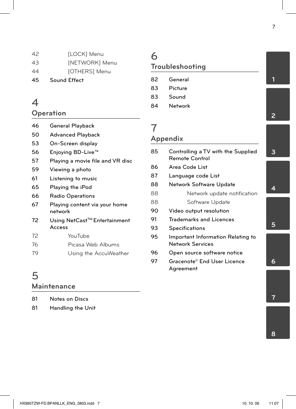 Operation, Maintenance, Troubleshooting | Appendix | LG HX995TZW User Manual | Page 7 / 98