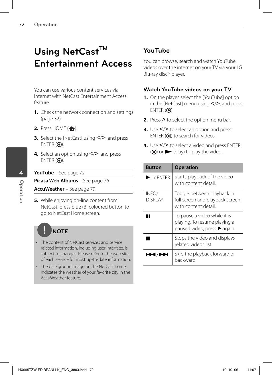 Using netcast, Entertainment access, Youtube | LG HX995TZW User Manual | Page 72 / 98