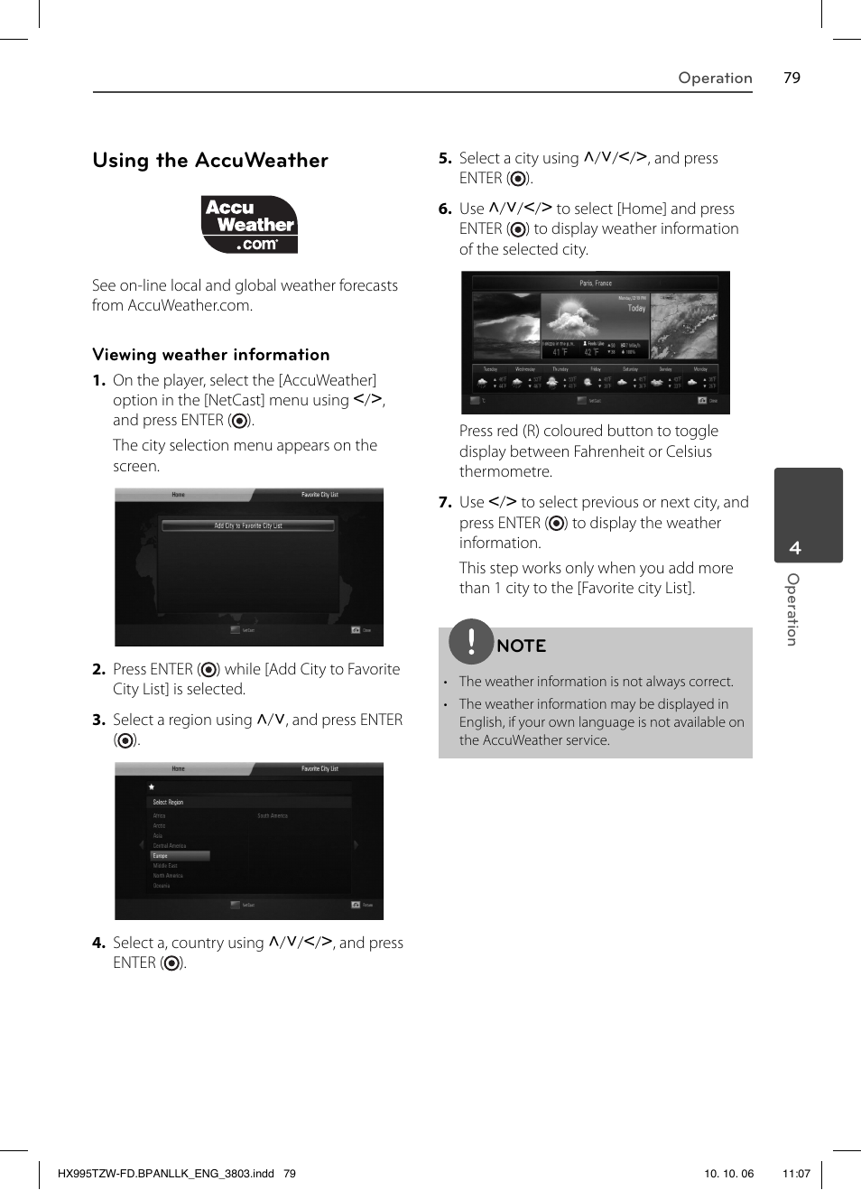 Using the accuweather | LG HX995TZW User Manual | Page 79 / 98