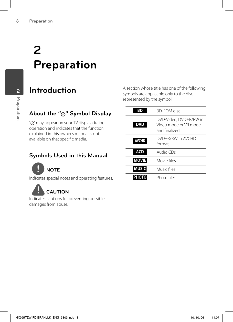 2 preparation, Introduction, About the “ ” symbol display | Symbols used in this manual | LG HX995TZW User Manual | Page 8 / 98