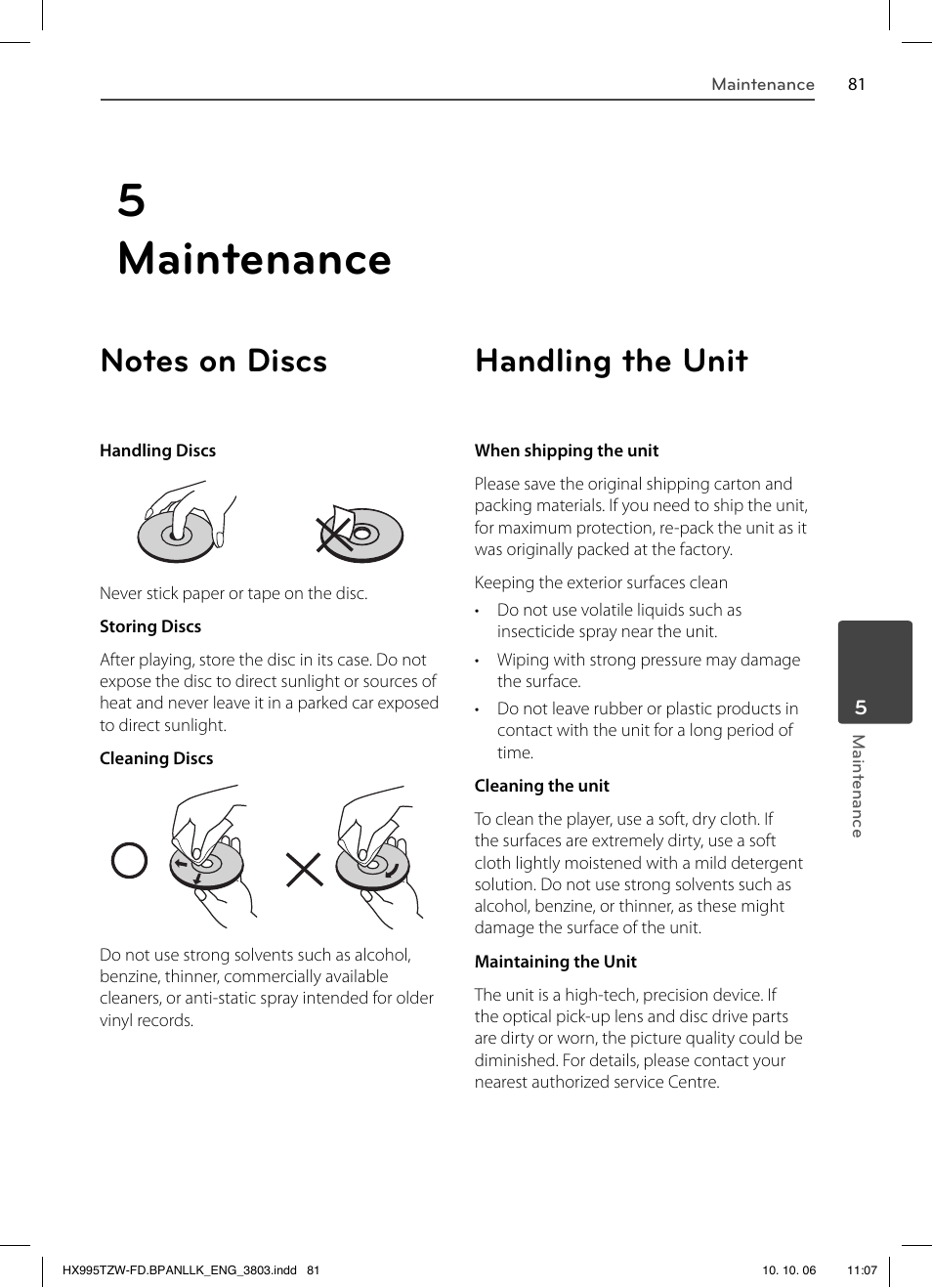 5 maintenance, Handling the unit | LG HX995TZW User Manual | Page 81 / 98