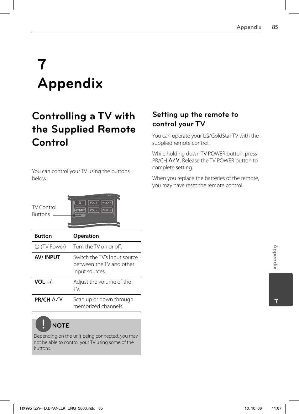 7 appendix, Controlling a tv with the supplied remote control, Setting up the remote to control your tv | LG HX995TZW User Manual | Page 85 / 98