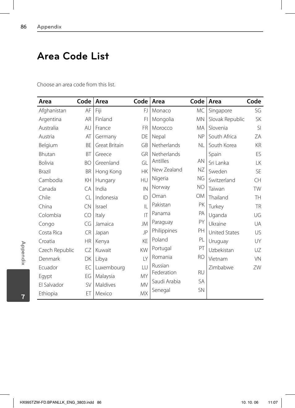 Area code list | LG HX995TZW User Manual | Page 86 / 98