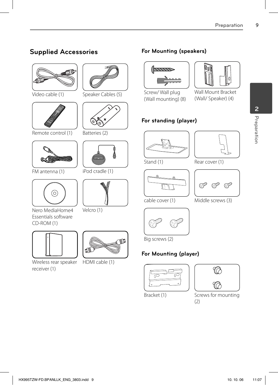 Supplied accessories | LG HX995TZW User Manual | Page 9 / 98