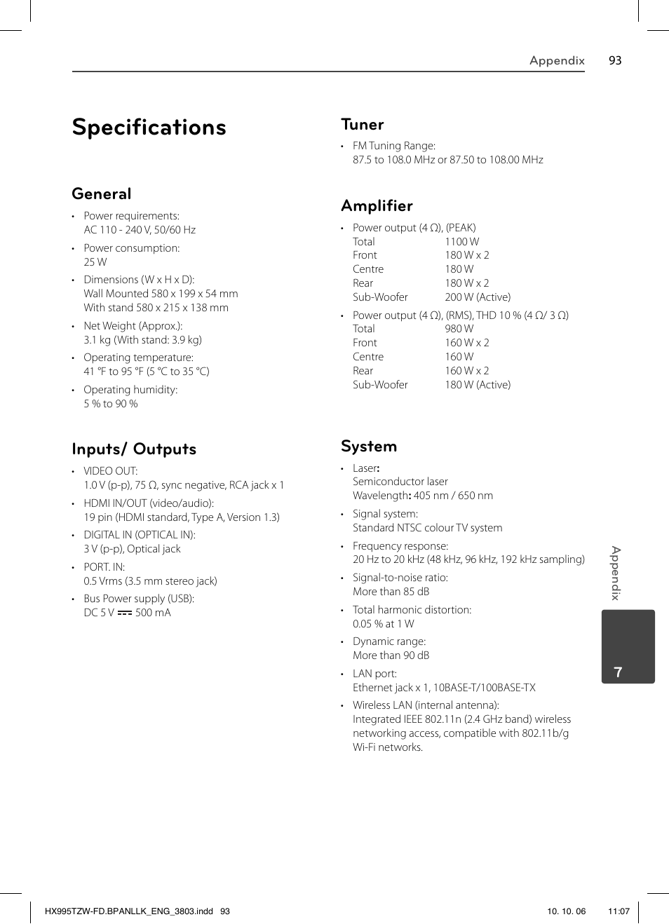 Specifi cations, General, Inputs/ outputs | Tuner, Amplifi er, System | LG HX995TZW User Manual | Page 93 / 98