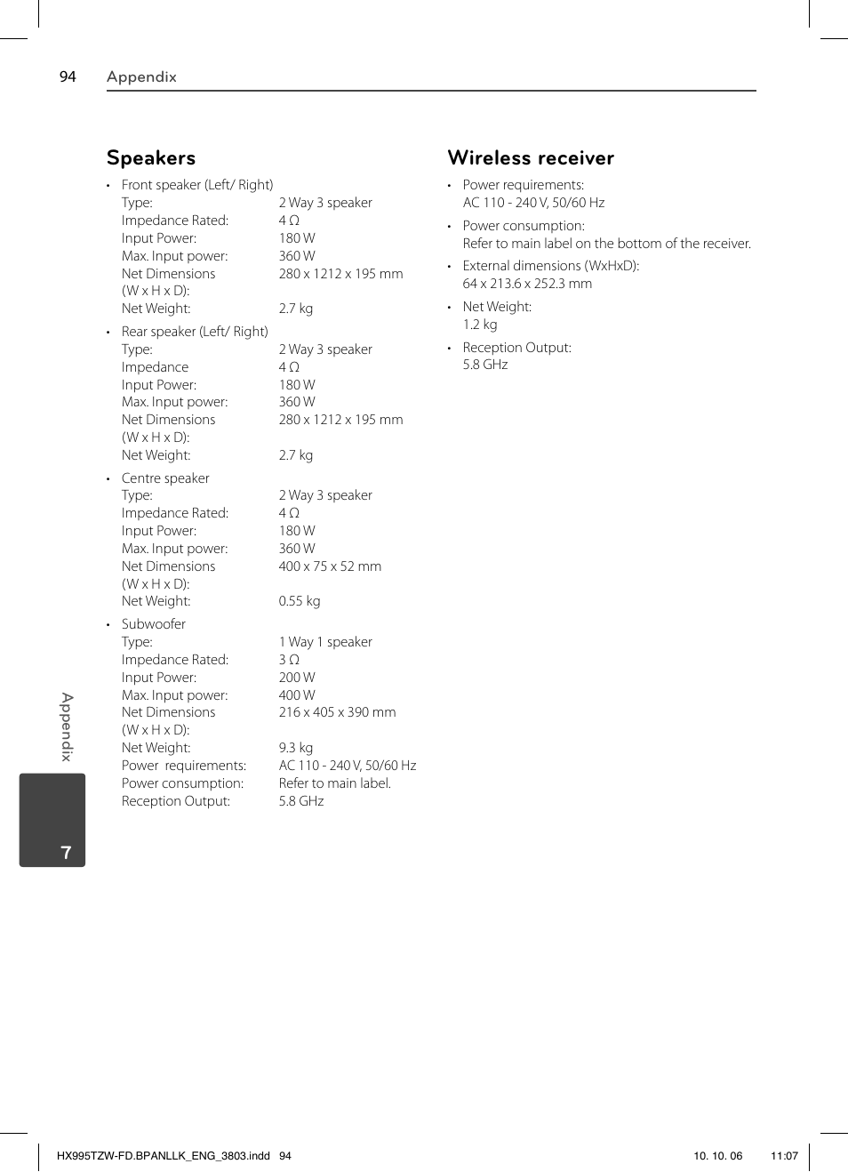 Speakers, Wireless receiver | LG HX995TZW User Manual | Page 94 / 98