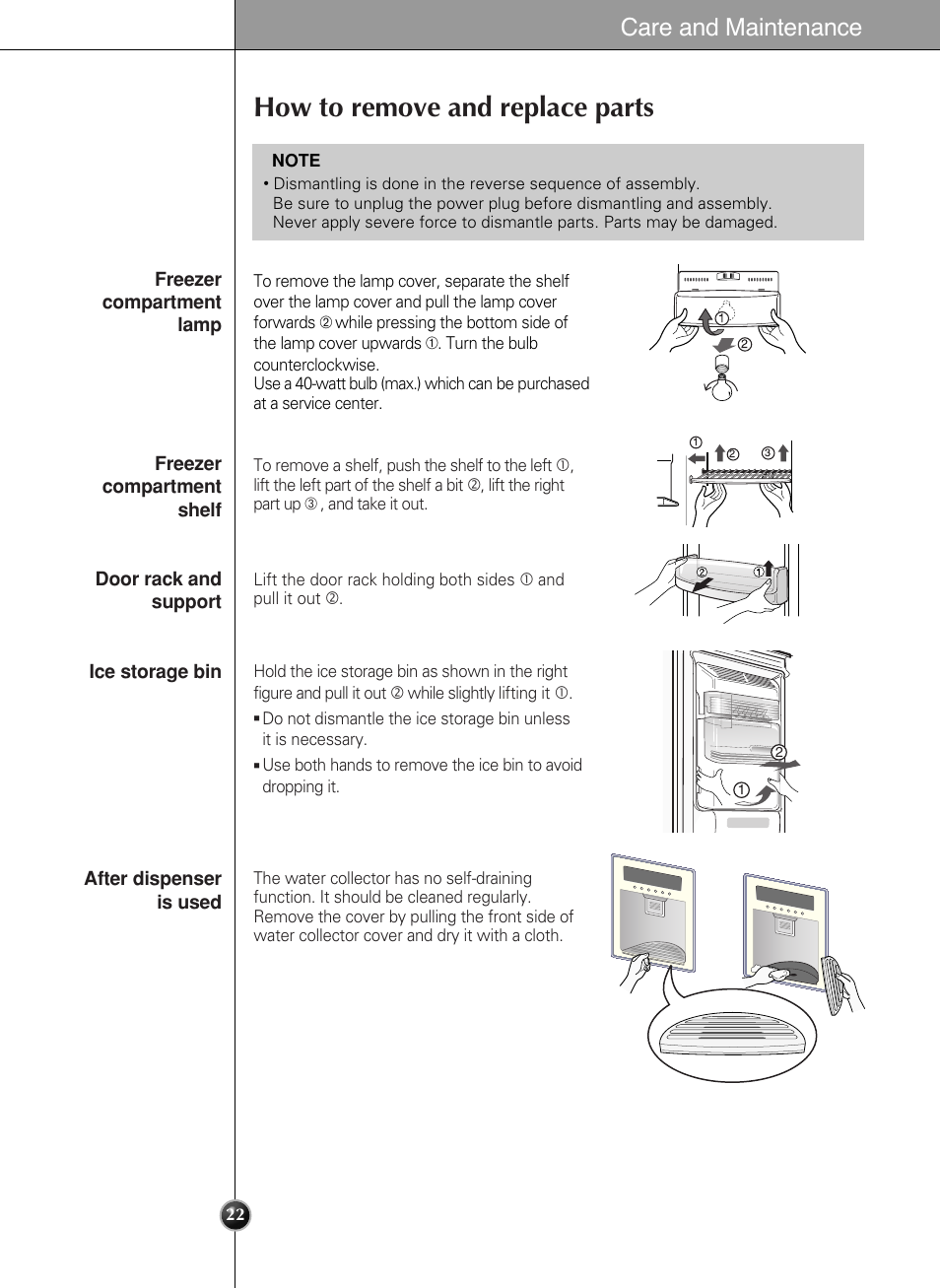 How to remove and replace parts, Care and maintenance | LG LSC 27950SB User Manual | Page 22 / 92