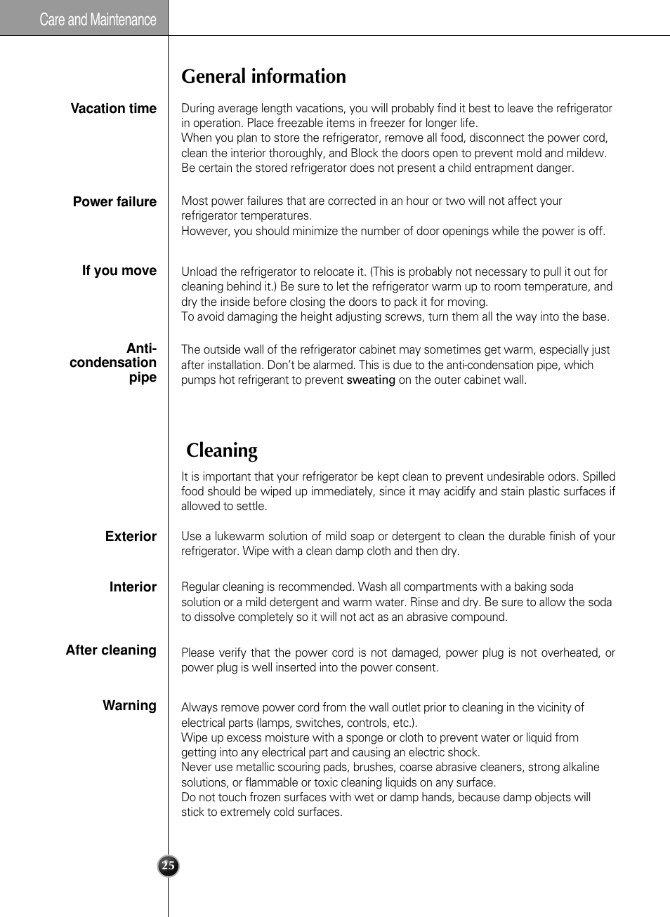 General information cleaning, Care and maintenance | LG LSC 27950SB User Manual | Page 25 / 92