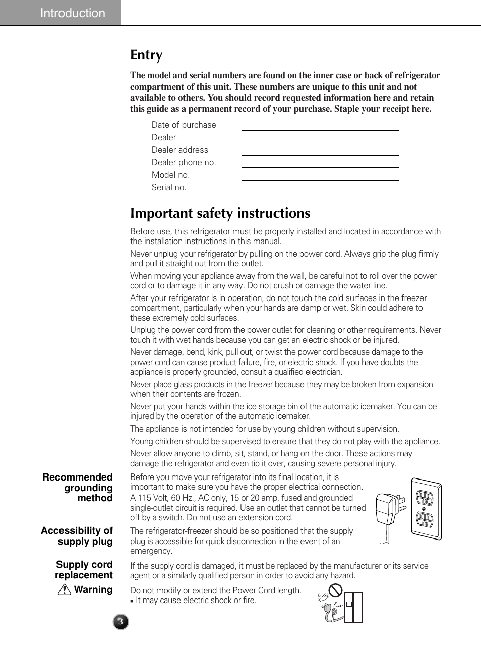 Entry, Important safety instructions, Introduction | LG LSC 27950SB User Manual | Page 3 / 92