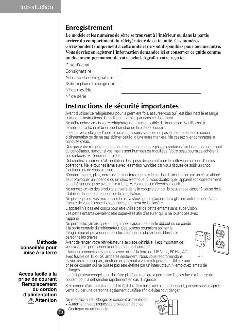 Enregistrement, Instructions de sécurité importantes, Introduction | LG LSC 27950SB User Manual | Page 33 / 92