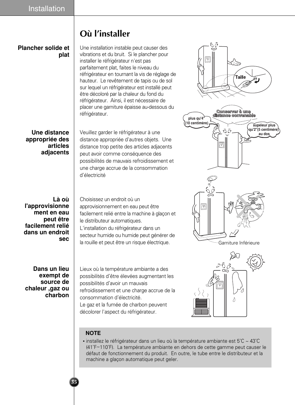 Où l’installer, Installation | LG LSC 27950SB User Manual | Page 35 / 92