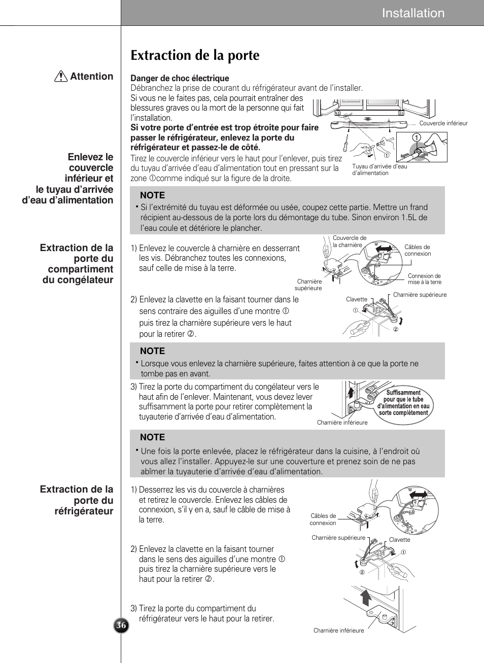 Extraction de la porte, Installation | LG LSC 27950SB User Manual | Page 36 / 92