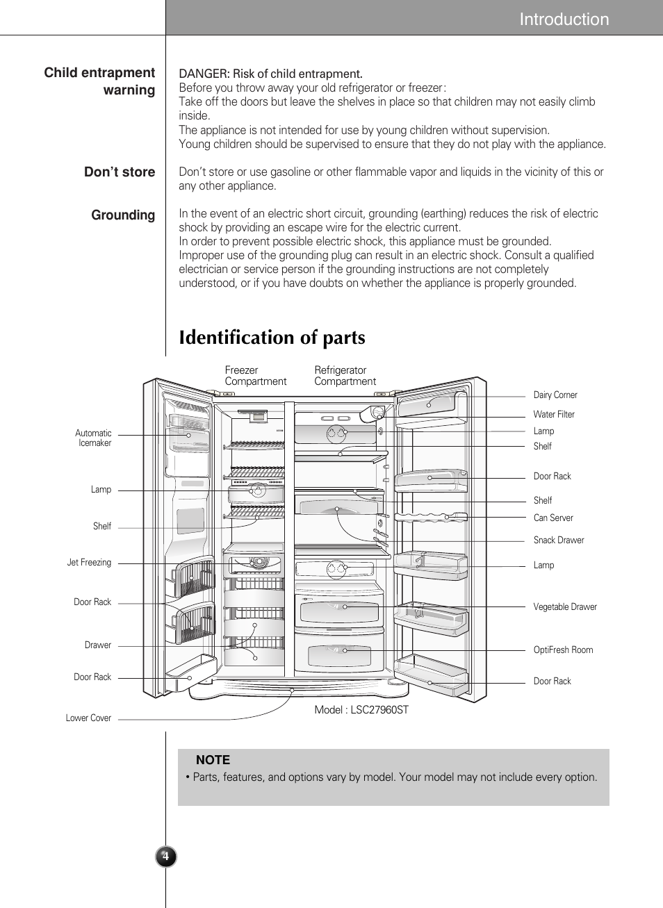 Identification of parts, Introduction | LG LSC 27950SB User Manual | Page 4 / 92