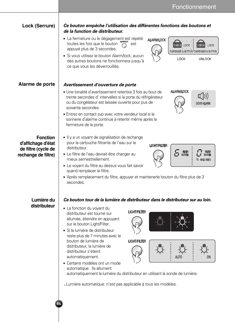Fonctionnement, Lock (serrure), Alarme de porte | Lumière du distributeur | LG LSC 27950SB User Manual | Page 46 / 92