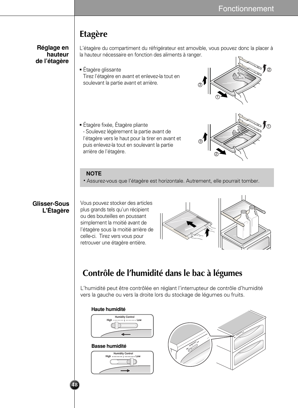 Etagère, Contrôle de l’humidité dans le bac à légumes, Fonctionnement | Réglage en hauteur de l’étagère, Glisser-sous l'étagère | LG LSC 27950SB User Manual | Page 48 / 92