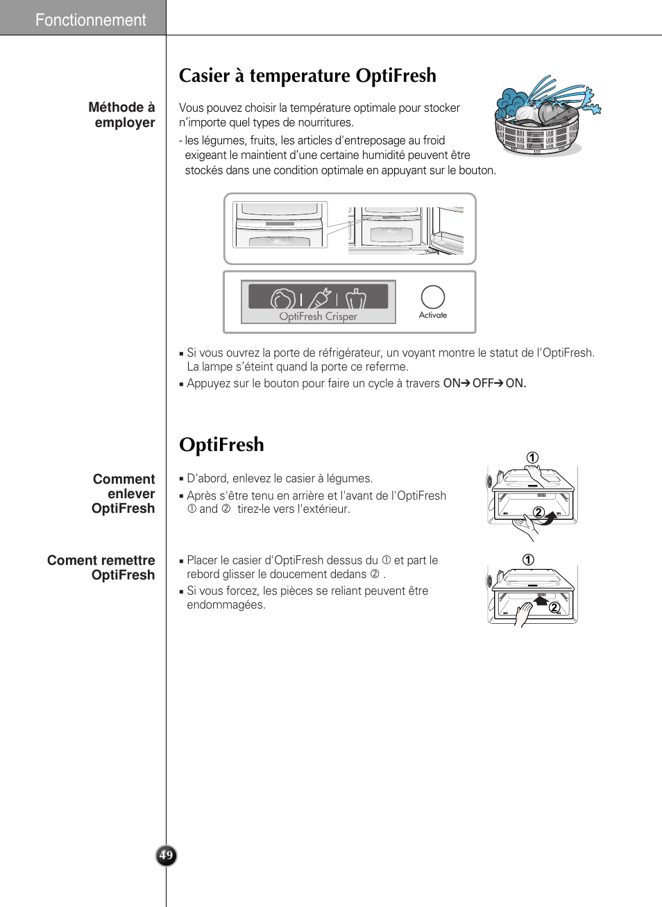 Casier à temperature optifresh optifresh, Fonctionnement | LG LSC 27950SB User Manual | Page 49 / 92