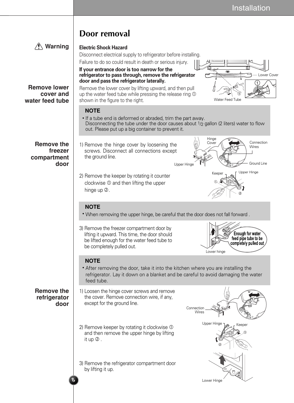 Door removal, Installation | LG LSC 27950SB User Manual | Page 6 / 92