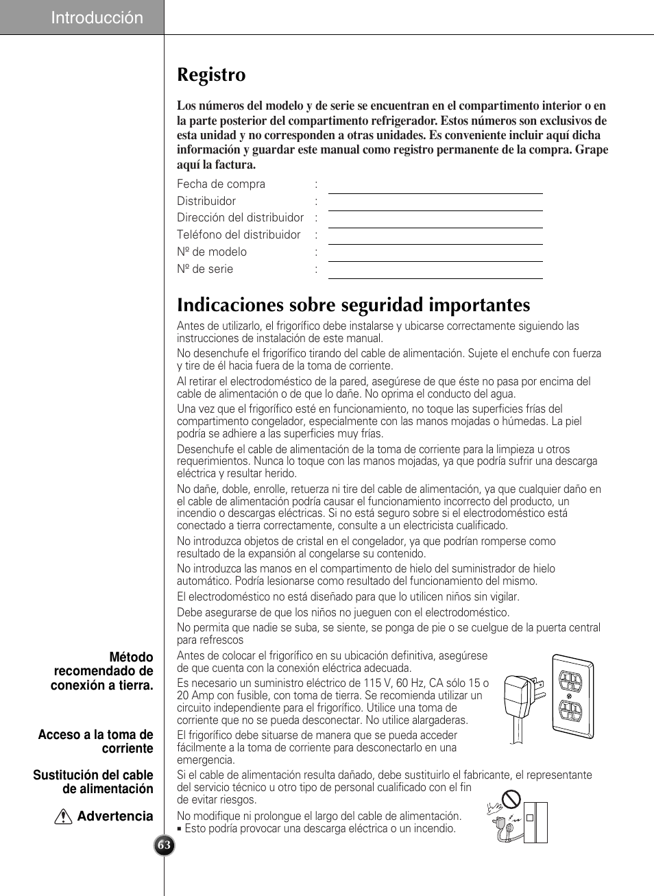 Registro, Indicaciones sobre seguridad importantes, Introducción | LG LSC 27950SB User Manual | Page 63 / 92